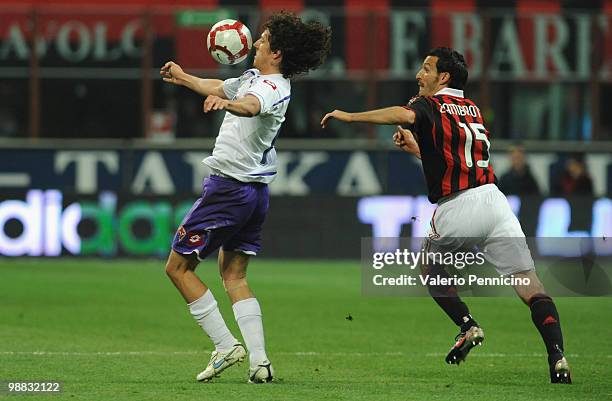 Stevan Jovetic of ACF Fiorentina in action during the Serie A match between AC Milan and ACF Fiorentina at Stadio Giuseppe Meazza on May 1, 2010 in...