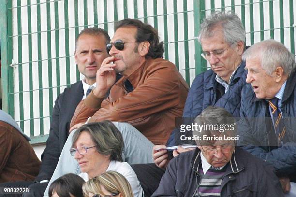 Massimo Cellino and Gianluca Festa sit in the stands during the Serie A match between Cagliari and Udinese at Stadio Sant'Elia on May 2, 2010 in...