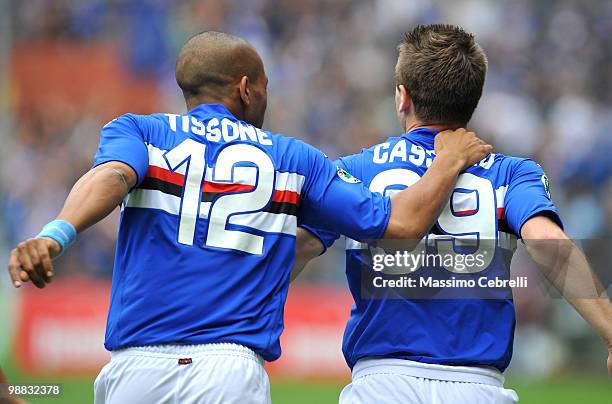 Fernando Damian Tissone and Antonio Cassano of UC Sampdoria celebrate their team's opening goal scored by Antonio Cassano during the Serie A match...