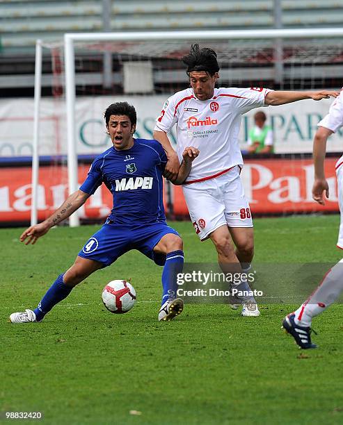 Francesco Manganelli of Sassuolo competes with Matias Claudio Cuffa of Padova during the Serie B match between Calcio Padova and US Sassuolo Calcio...