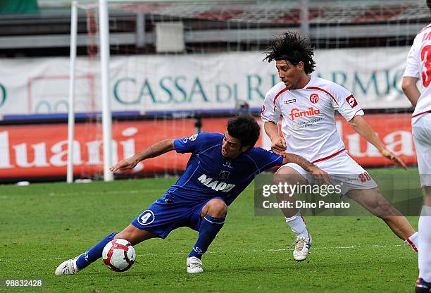 Francesco Manganelli of Sassuolo competes with Matias Claudio Cuffa of Padova during the Serie B match between Calcio Padova and US Sassuolo Calcio...