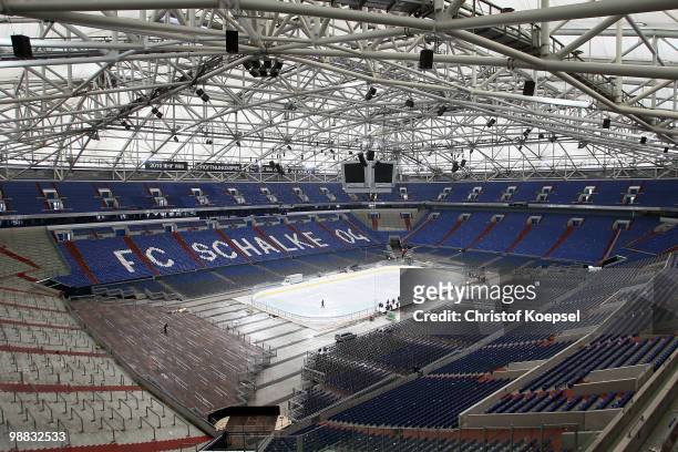 General view of the Veltins Arena ahead of the IIHF World Championship on May 4, 2010 in Gelsenkirchen, Germany. The Veltins Arena, home to...