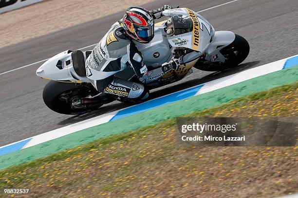 Hiroshi Aoyama of Japan and Interwetten MotoGP Team rounds the bend during the first free practice at Circuito de Jerez on April 30, 2010 in Jerez de...