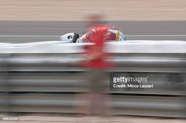 Hiroshi Aoyama of Japan and Interwetten MotoGP Team rounds the bend during the first free practice at Circuito de Jerez on April 30, 2010 in Jerez de...