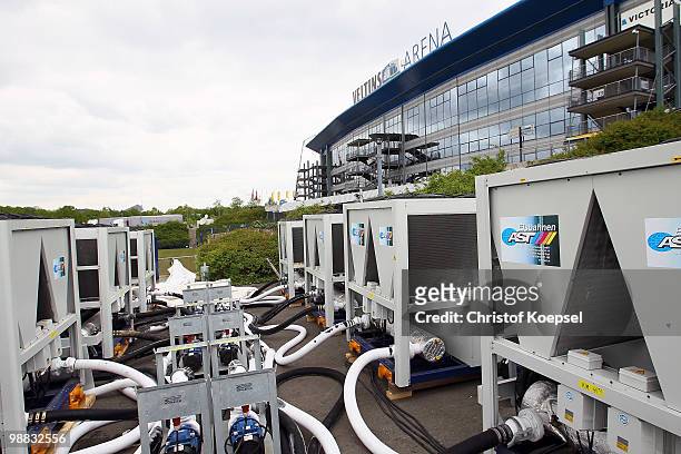 Cooling units are seen in front of the Veltins Arena ahead of the IIHF World Championship on May 4, 2010 in Gelsenkirchen, Germany. The Veltins...