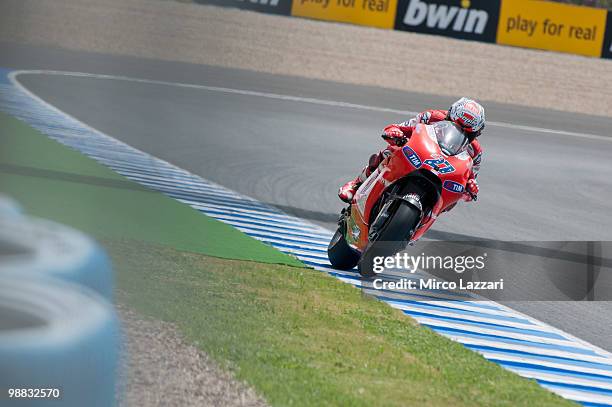 Casey Stoner of Australia and Ducati Marlboro Team heads down a straight during the first free practice at Circuito de Jerez on April 30, 2010 in...