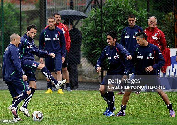Italy's Fabio Cannavaro, Giampaolo Pazzini, Fabio Grosso and Marco Borriello play the ball during a training session of the Italian national football...