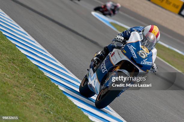 Alex Debon of Spain and Aeroport de Castillo - AJO heads down a straight during the first free practice at Circuito de Jerez on April 30, 2010 in...