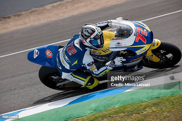 Yuki Takahashi of Japan and Tech 3 Racing rounds the bend during the first free practice at Circuito de Jerez on April 30, 2010 in Jerez de la...