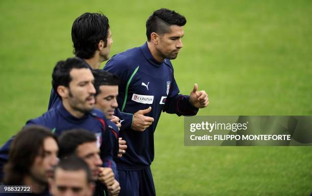 Italy's forward Marco Borriello warms up during a training session of the Italian national football team on May 4, 2010 on the outskirts of Rome....