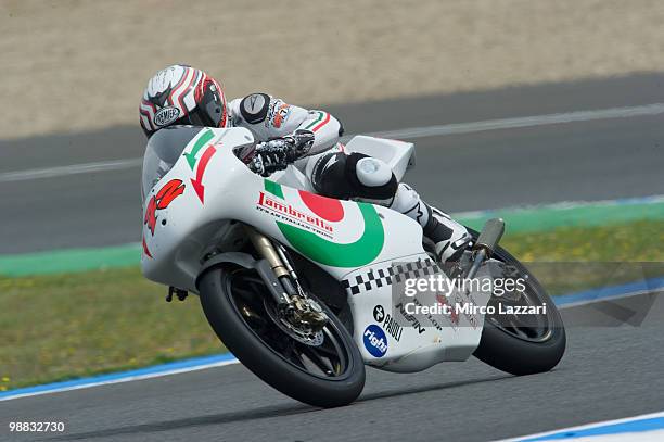 Marco Ravaioli of Italy and Lambretta Reparto Corse rounds the bend during the first free practice at Circuito de Jerez on April 30, 2010 in Jerez de...