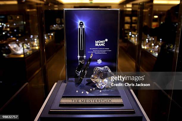 The new Montblanc Meisterstuck Diamond writing intrument sits in its case at Harrods on May 4, 2010 in London, England. Harrods customers will have a...