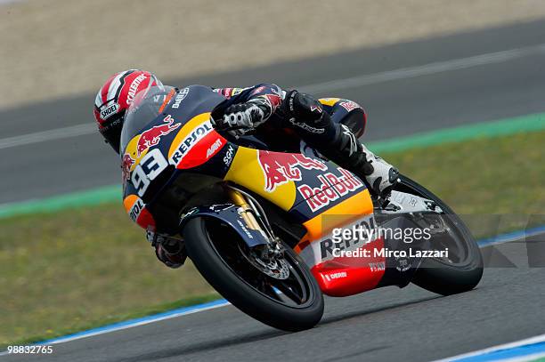 Marc Marquez of Spain and Red Bull AJo Motorsport rounds the bend during the first free practice at Circuito de Jerez on April 30, 2010 in Jerez de...