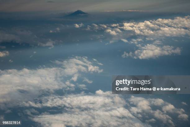 mt. fuji and suwa lake in nagano prefecture in japan sunset time aerial view from airplane - fuji hakone izu national park stock pictures, royalty-free photos & images