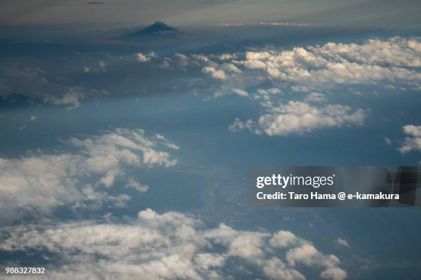 mt. fuji and suwa lake in nagano prefecture in japan sunset time aerial view from airplane - fuji hakone izu national park stock pictures, royalty-free photos & images