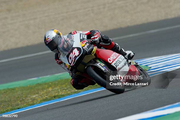 Jonas Folger of Germany and Ongetta Team rounds the bend during the first free practice at Circuito de Jerez on April 30, 2010 in Jerez de la...