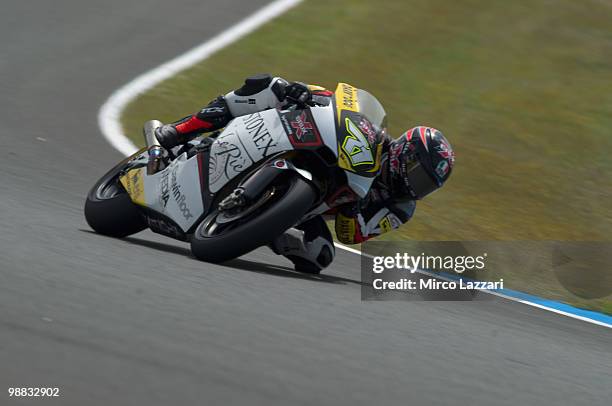 Claudio Corti of Italy and Foward Racing rounds the bend during the first free practice at Circuito de Jerez on April 30, 2010 in Jerez de la...