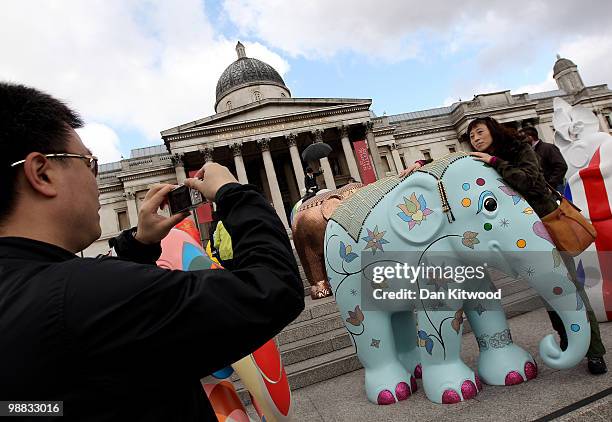 Tourists take photographs of decorative model Elephants as they stand in Trafalgar Square on May 4, 2010 in London, England. 260 of the decorative...