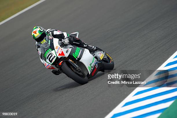 Gabor Talmacsi of Hungary and Speed Up heads down a straight during the first free practice at Circuito de Jerez on April 30, 2010 in Jerez de la...