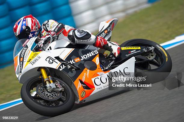 Kenny Noyes of USA and Jack and Jones by A. Banderas rounds the bend during the first free practice at Circuito de Jerez on April 30, 2010 in Jerez...