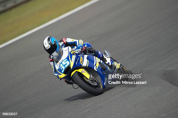 Raffaele De Rosa of Italy and Tech 3 Racing heads down a straight during the first free practice at Circuito de Jerez on April 30, 2010 in Jerez de...