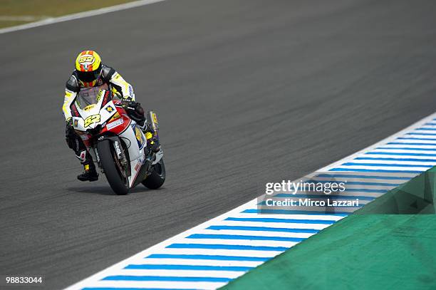 Lukas Pesek of Czech and Matteoni CP Racing heads down a straight during the first free practice at Circuito de Jerez on April 30, 2010 in Jerez de...