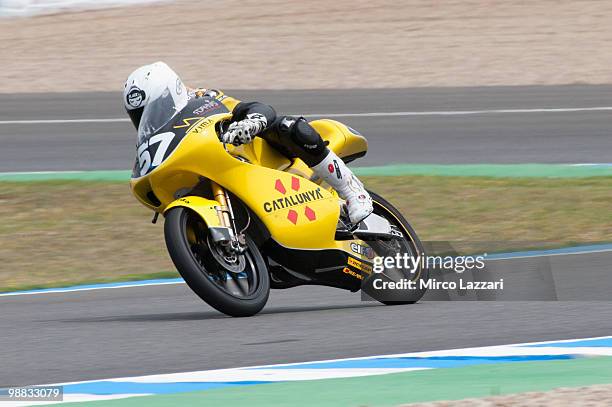 Isaac Vinales of Spain and Catalunya Racing Team heads down a straight during the first free practice at Circuito de Jerez on April 30, 2010 in Jerez...