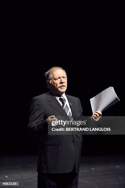 French actor Pierre Santini speaks to the audience during a ceremony in hommage to French legend actor Gerard Philipe to commemorate the 50th...