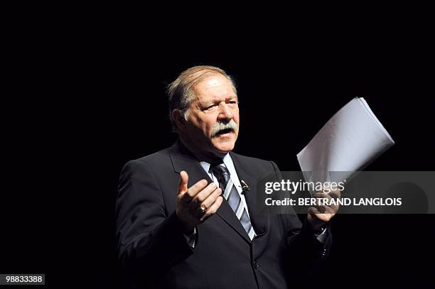 French actor Pierre Santini speaks to the audience during a ceremony in hommage to French legend actor Gerard Philipe to commemorate the 50th...