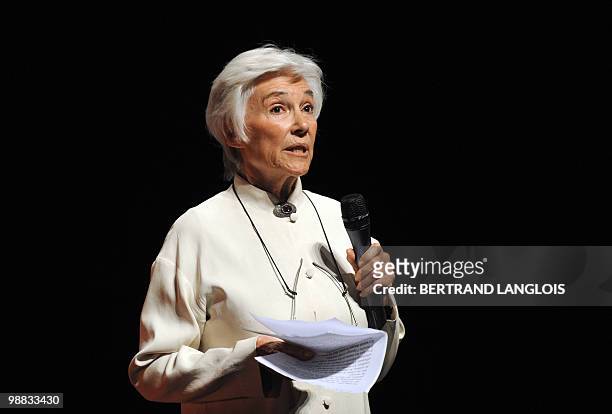 French actress Nadine Alari speaks to the audience during a ceremony in hommage to French legend actor Gerard Philipe to commemorate the 50th...