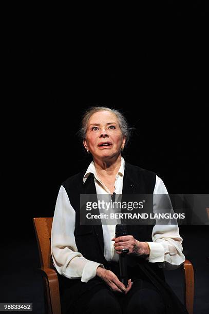 French actress Genevieve Page speaks to the audience during a ceremony in hommage to French legend actor Gerard Philipe to commemorate the 50th...