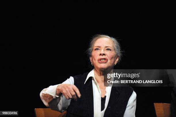 French actress Genevieve Page speaks to the audience during a ceremony in hommage to French legend actor Gerard Philipe to commemorate the 50th...