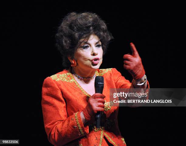 Italian actress Gina Lollobrigida speaks to the audience during a ceremony in hommage to French legend actor Gerard Philipe to commemorate the 50th...
