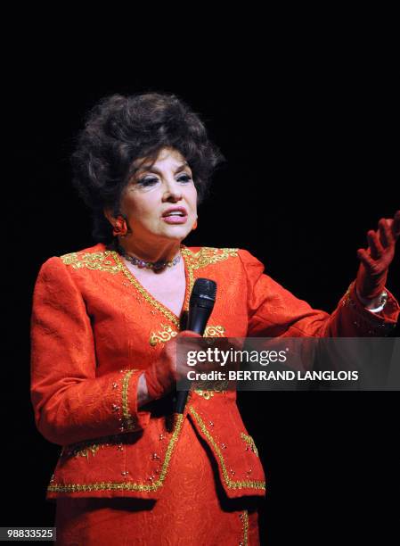 Italian actress Gina Lollobrigida speaks to the audience during a ceremony in hommage to French legend actor Gerard Philipe to commemorate the 50th...