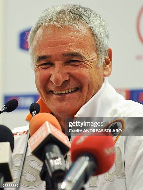 Roma coach Claudio Ranieri answers questions during a press conference on May 4, 2010 at the Olimpico stadium in Rome. AS Roma will face Inter Milan...