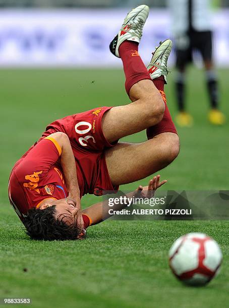 Roma's forward Luca Toni crashes after a takle during the Italian serie A football match Parma vs AS Roma, at Ennio Tardini stadium in Parma on May...