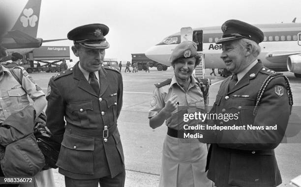 Col Tom Waters, Deputy Quatermaster General greets Irelands first UN Female Soldiers, Lt Colette Harrison, Glasnevin at Dublin Airport after arriving...