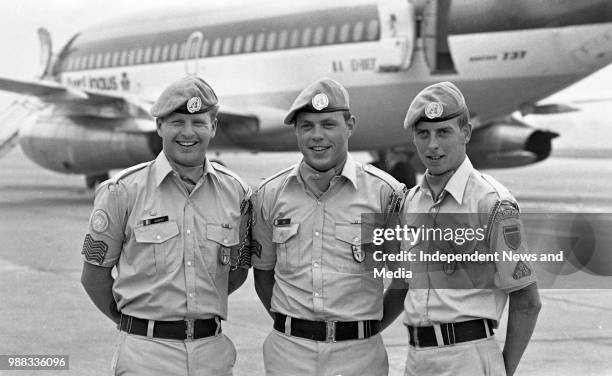 Home from a Tour of Duty with the UN in the Lebanon Sgt Ray Murphy, Cpl Richard Dee and Pvt Paul Duignan stationed at Collins Barracks on arrival at...