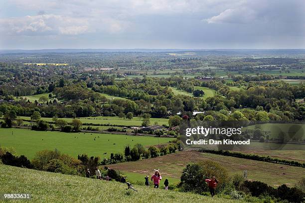 Young girls play on Box Hill overlooking the Surrey countryside on May 3, 2010 in Dorking, England.