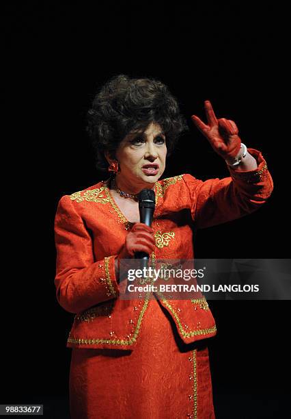 Italian actress Gina Lollobrigida speaks to the audience during a ceremony in hommage to French legend actor Gerard Philipe to commemorate the 50th...