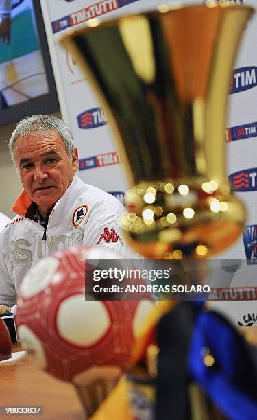 Roma coach Claudio Ranieri eyes the Italian Cup during a press conference on May 4, 2010 at the Olimpico stadium in Rome. AS Roma will face Inter...