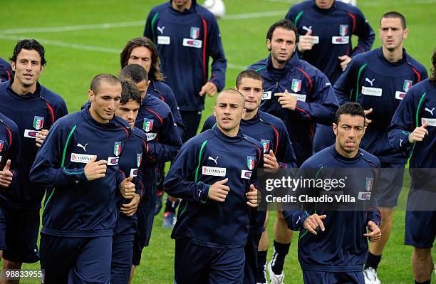 Giorgio Chiellini, Fabio Cannavaro and Fabio Quagliarella during Italy Training Session at the La Borghesiana Sport Centre on May 4, 2010 in Rome,...