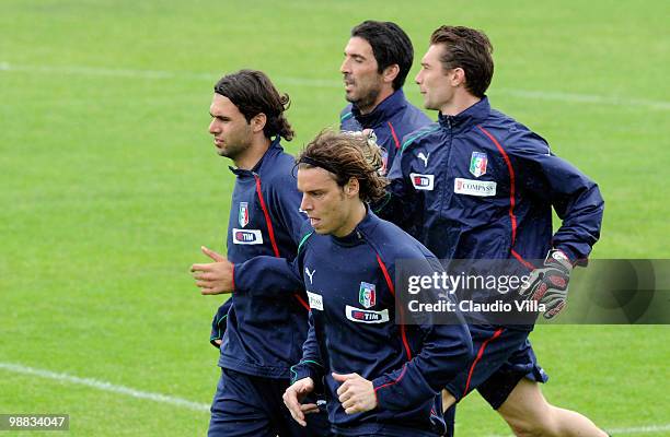 Salvatore Sirigu, Federico Marchetti, Gianluigi Buffon and Morgan De Sanctis during the Italy Training Session at Sport Center La Borghesiana on May...