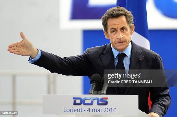 French President Nicolas Sarkozy delivers a speech at the "Aquitaine" frigate launching ceremony at Lorient's shipyard on May 04 western France. The...