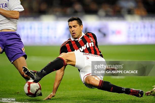 Milan's forward Marco Borriello kicks the ball during their Serie A football match AC Milan vs Fiorentina at San Siro stadium on May 1, 2010 in...