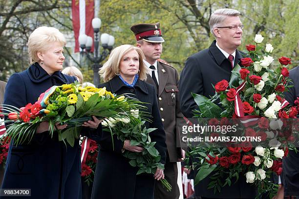 President of Lithuania, Dalia Grybauskaite , Lilita Zatlere, First lady of Latvia and President of Latvia Valdis Zatlers lay wreath at the Monument...