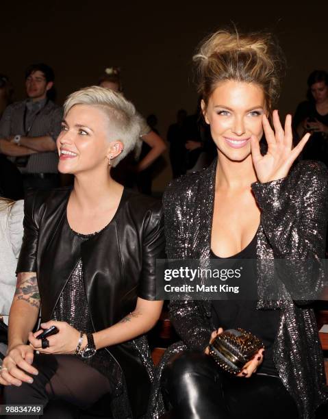 Media personality Ruby Rose and model Jennifer Hawkins sit in the front row prior to the Ellery collection show on the second day of Rosemount...