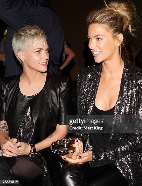 Media personality Ruby Rose and model Jennifer Hawkins sit in the front row prior to the Ellery collection show on the second day of Rosemount...