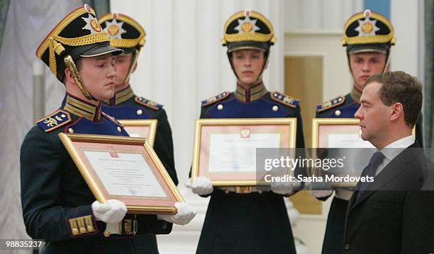 Russian President Dmitry Medvedev attends a ceremony ahead of the 65th anniversary of WWII Victory Day at the Kremlin in on May 4, 2010 in Moscow,...