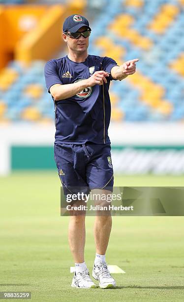 Michael Clarke of The Australian World Twenty20 team takes part in a nets session at The Kensington Oval on May 4, 2010 in Bridgetown, Barbados.